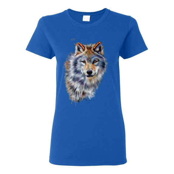 Wolf Oil Painting Animal Lover Womens Graphic T-Shirt, Royal, Medium