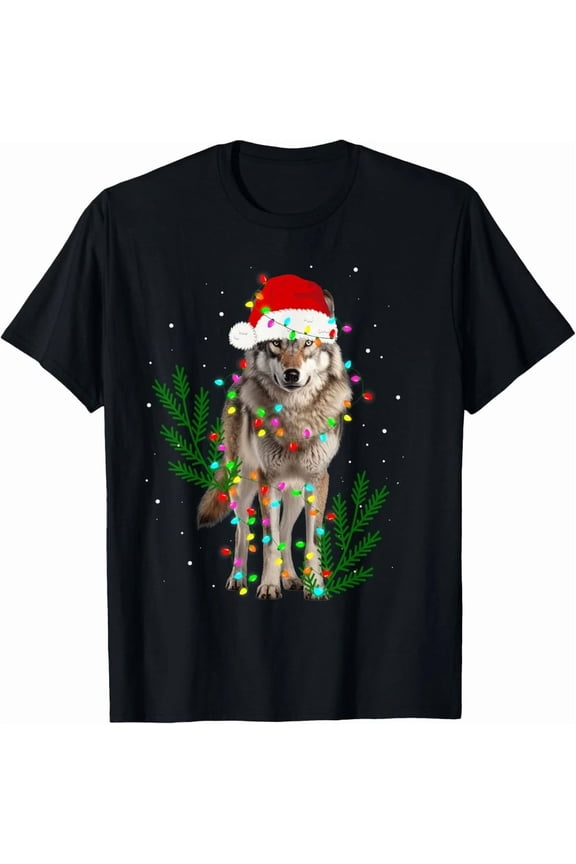 Wolf Old Man Hat Christmas Lights Wolf Lover Animal Xmas Unisex T-Shirt, up to Size 5XL