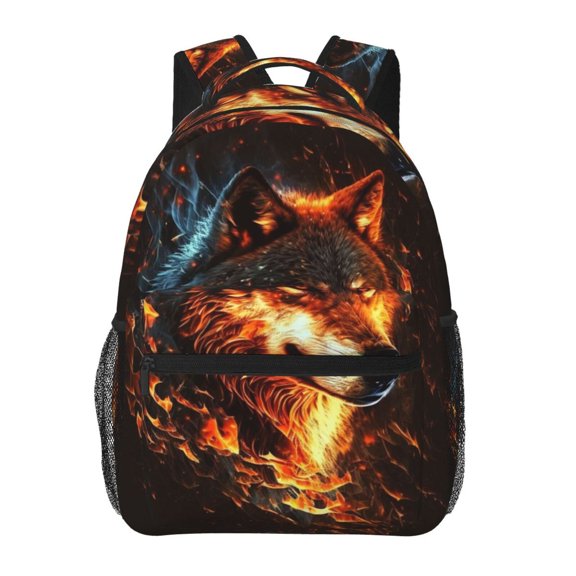 Wolf On Fire Burning Cool Flaming Backpack Casual College Bag Zipper Laptop Daypack Hiking Rucksack Travel