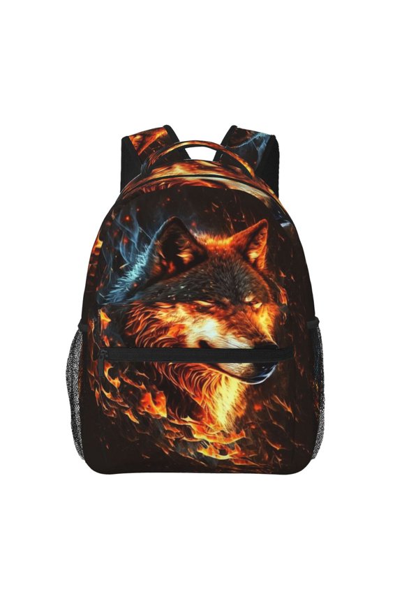 Wolf On Fire Burning Cool Flaming Backpack Casual College Bag Zipper Laptop Daypack Hiking Rucksack Travel