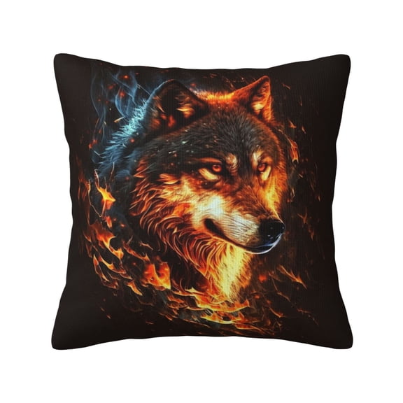 Wolf On Fire Burning Cool Flaming Decorative Throw Pillow Case Square Pillowcase Cushion Covers Sofa Couch Car Bedroom 18x18 Inch