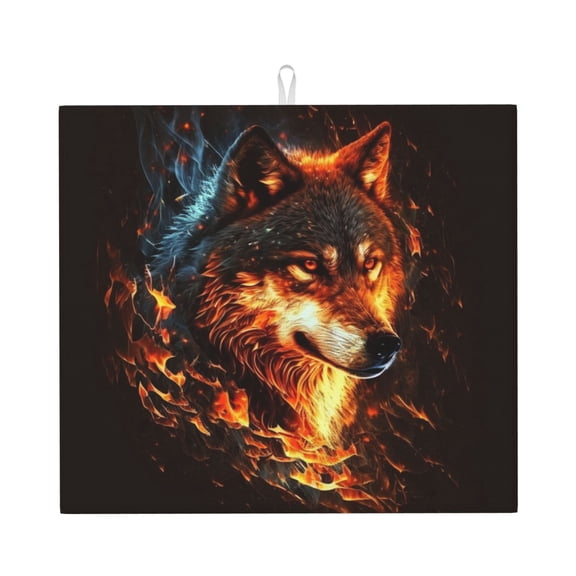Wolf On Fire Burning Cool Flaming Kitchen Drying Mat 18x16 Inch Ultra Absorbent Countertop Mat Foldable with Hanging Loop