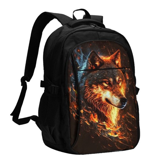 Wolf On Fire Burning Cool Flaming Laptop Backpack with USB Charging Headphone Port Casual Daypack Bag College Business Travel