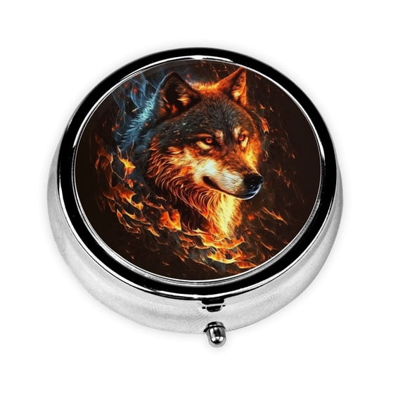 Wolf On Fire Burning Cool Flaming Mini Round Pill Box Portable Small Pill Case Organizer with 3 Compartments for Pocket Purse