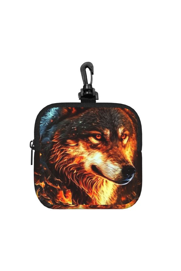 Wolf On Fire Burning Cool Flaming Square Gear Pouch with Lobster Clasp Waterproof Tech Accessory Organizer, Key & Coin Case