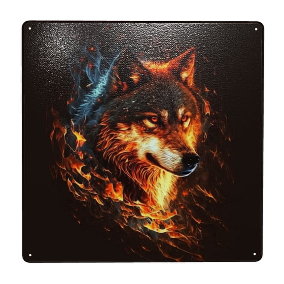 Wolf On Fire Burning Cool Flaming Square Metal Sign 12x12 Inch Tin Sign Wall Decor Decorative Plaque for Bar, Cafe, Restaurant