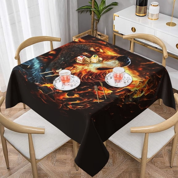 Wolf On Fire Burning Cool Flaming Square Tablecloth 54x54 Waterproof Table Cover for Dining Table, Parties, Weddings, Picnics, Cafes