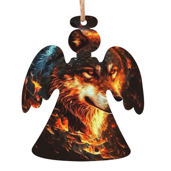 Wolf On Fire Burning Cool Flaming Wooden Christmas Ornament Angel Shape,Xmas Tree Hanging Decoration 6 PCS