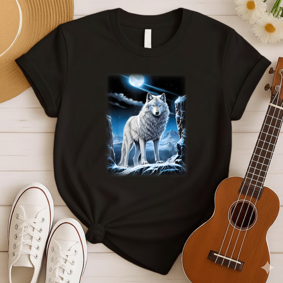 Wolf On Snowy Hill Full Moon Mountain Forest Nature Scene Unisex T-shirt V14421, up to size 5XL