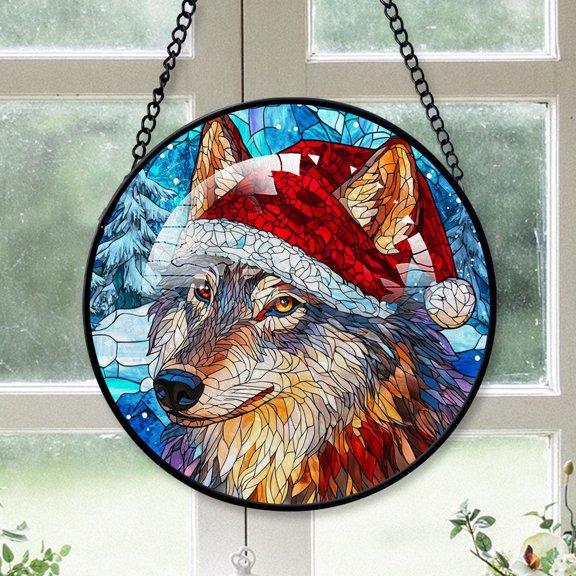 Wolf Ornament Christmas 2025, Wolf Stained Glass Sun Catcher Artistic Hanging Window Decor, Perfect Gift for Animal Lovers