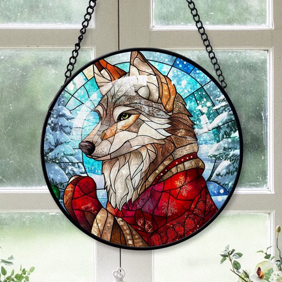 Wolf Ornament Christmas 2025, Wolf Stained Glass Window Decoration Luminous Hanging Sun Catcher for Nature-Inspired Spaces