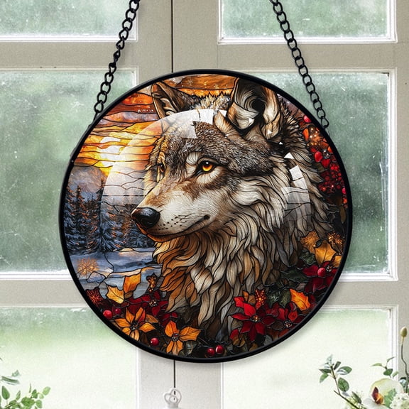 Wolf Ornament Christmas 2025, Wolf Stained Glass Window Hanging Colorful Decorative Sun Catcher for Home and Holiday Decor