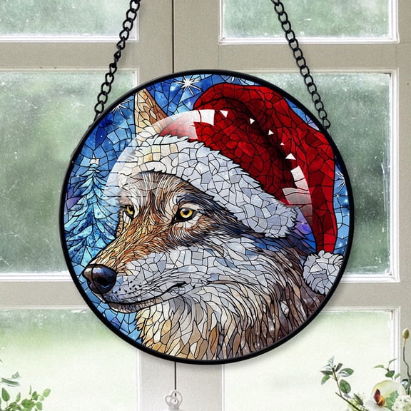 Wolf Ornament Christmas 2025, Wolf Stained Glass Window Hanging Decoration Beautiful Glass Art Ornament for Home and Office