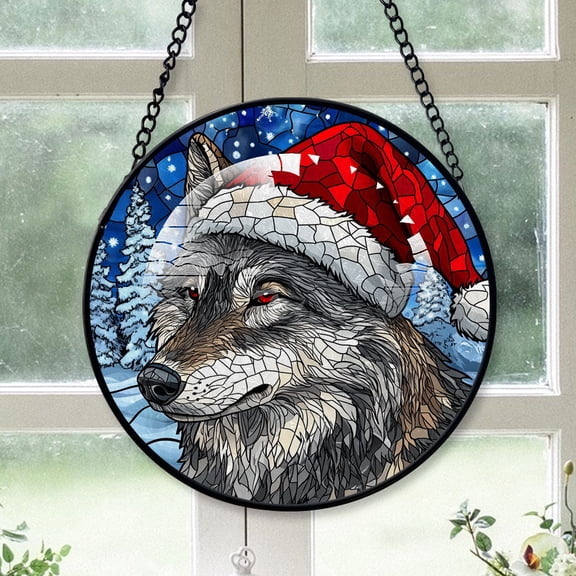 Wolf Ornament Christmas 2025, Wolf Stained Glass Window Panel Decorative Hanging Glass Art for Home or Garden