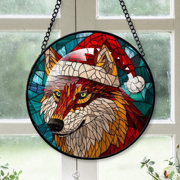 Wolf Ornament Christmas 2025, Wolf Stained Glass Window Sun Catcher Decorative Hanging Ornament for Door or Living Room