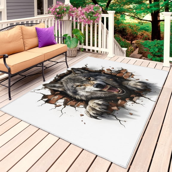 Wolf Outdoor Rug for Patio/Deck/Porch, Non-Slip Large Area Rug 3 x 5 Ft, Animal Broken Wall Dynamic Angry Expression Indoor Outdoor Rugs Washable Area Rugs, Reversible Camping Rug Carpet Runner