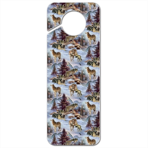 Wolf Pack Baby Wolves Snow Mountains Pattern Plastic Door Knob Hanger Sign