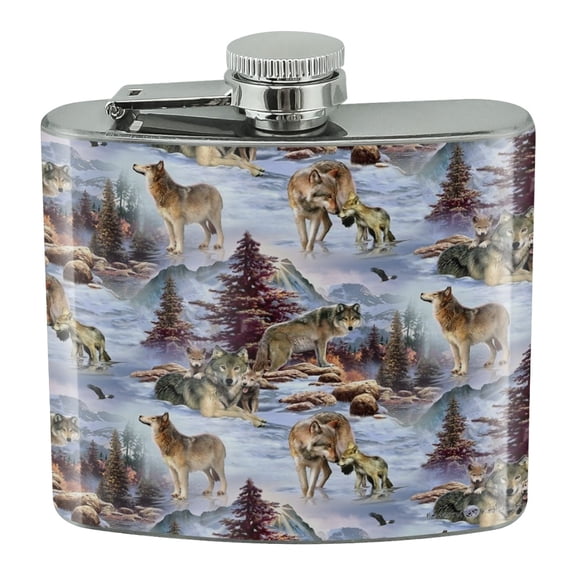 Wolf Pack Baby Wolves Snow Mountains Pattern Stainless Steel 5oz Hip Drink Kidney Flask