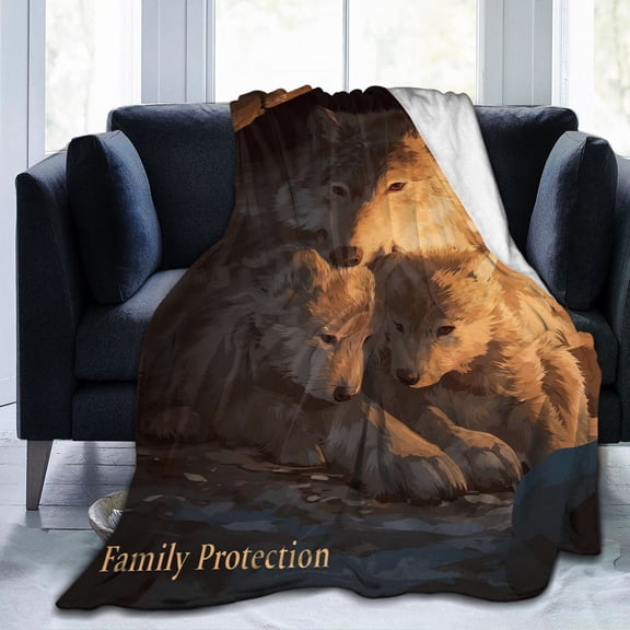 Wolf Pack Family Throw Blanket, Mother & Pups Art Soft Flannel Fleece, Heartwarming Home Decor Gift for Couch Bed Sofa 50x40