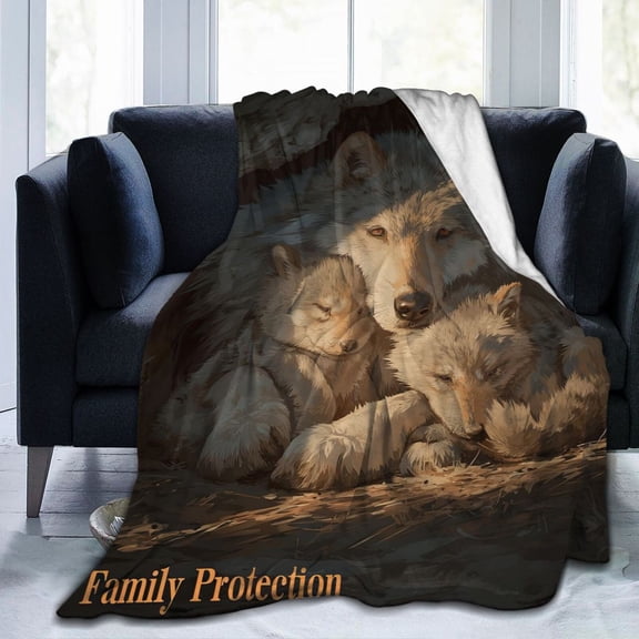 Wolf Pack Family Throw Blanket, Mother & Pups Art Soft Flannel Fleece, Heartwarming Home Decor Gift for Couch Bed Sofa 50x40