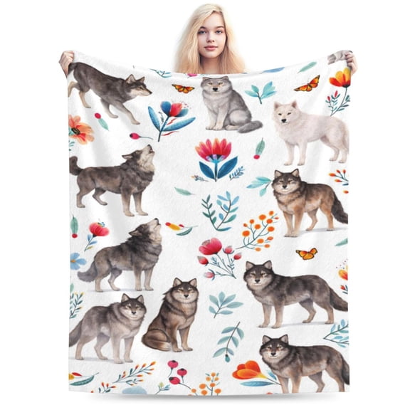 Wolf Pack Floral Botanical Blanket Woodland Wildlife Nature Art Rustic Fall Home Decor Soft Cozy Throw Blanket 50x40