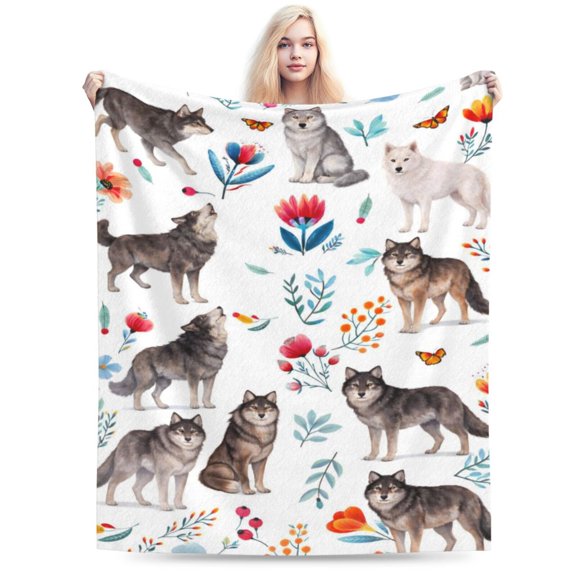 Wolf Pack Floral Botanical Blanket Woodland Wildlife Nature Art Rustic Fall Home Decor Soft Cozy Throw Blanket 60x50