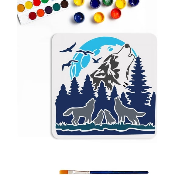 Wolf Pack Forest Drawing Template 11.8x11.8inches Reusable Flying Birds Howling Wolf Animal Theme Template Nature Forest Moon PET Plastic Drawing Stencil for Concerts Home DIY Decor White