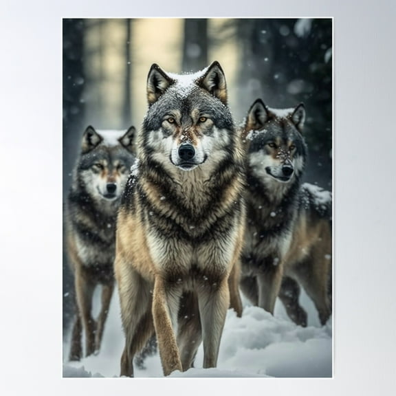 Wolf Pack In Snow - Stunning Wildlife Image Poster Wall Art, Modern Wall Decor For Living Room Bedroom, 12x18 UNFRAMED