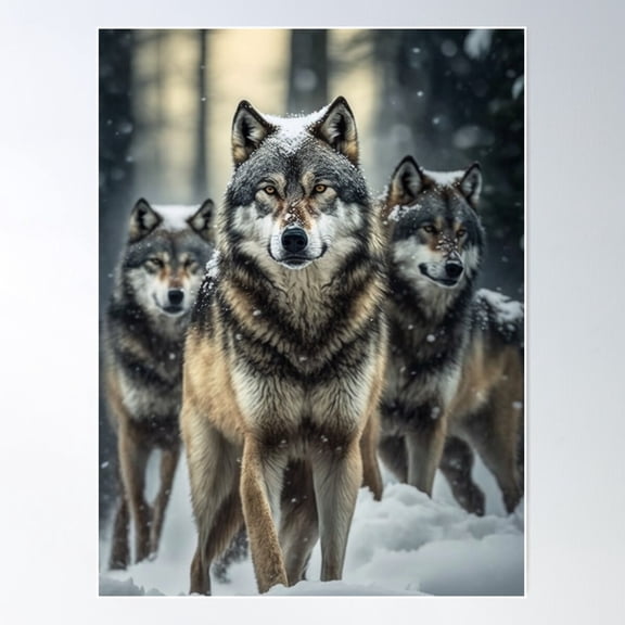 Wolf Pack In Snow, Stunning Wildlife Image Poster Wall Art, UNFRAMED PAPER POSTER
