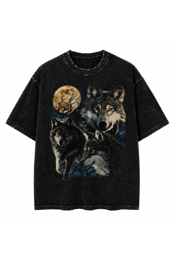 Wolf Pack Moon Graphic Washed T-Shirt, 100% Heavyweight Cotton, 180 GSM, Unisex Classic Fit, Front Print