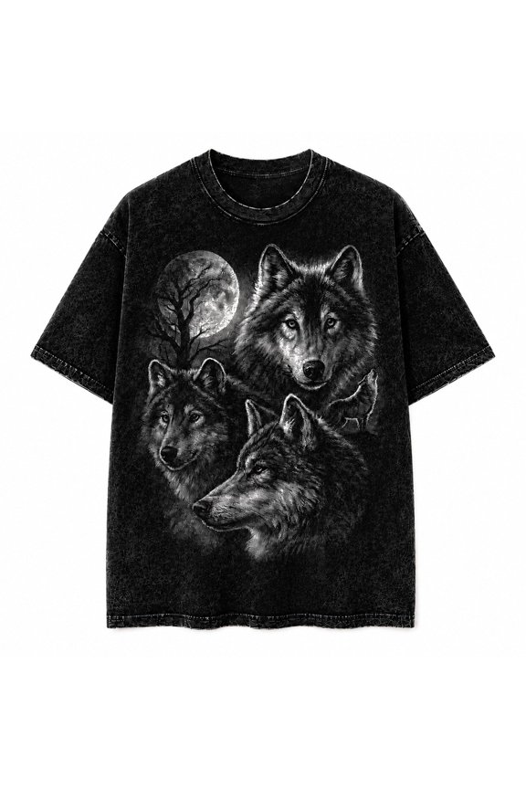 Wolf Pack Moon Graphic Washed T-Shirt, 100% Heavyweight Cotton, 180 GSM, Unisex Classic Fit, Front Print