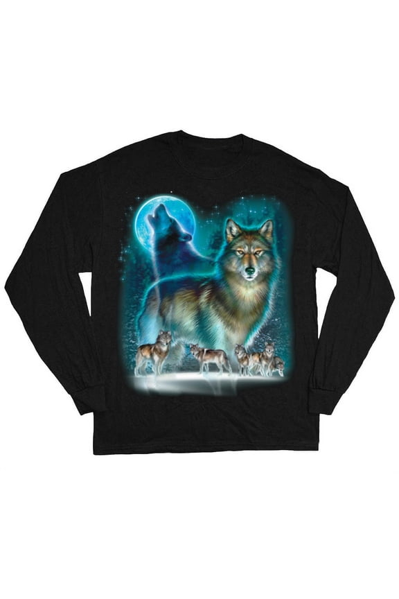 Wolf Pack Wolves Moon Decal T-shirt Men's Long Sleeve Tee Black