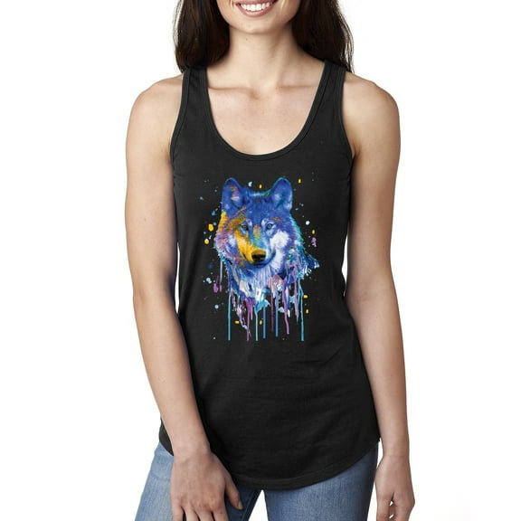 Wolf Painting Splatter Abstract Art Animal Lover Ladies Racerback Tank Top, Black, Small