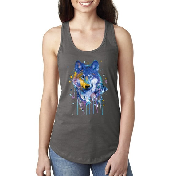 Wolf Painting Splatter Abstract Art Animal Lover Ladies Racerback Tank Top, Dark Grey, X-Large