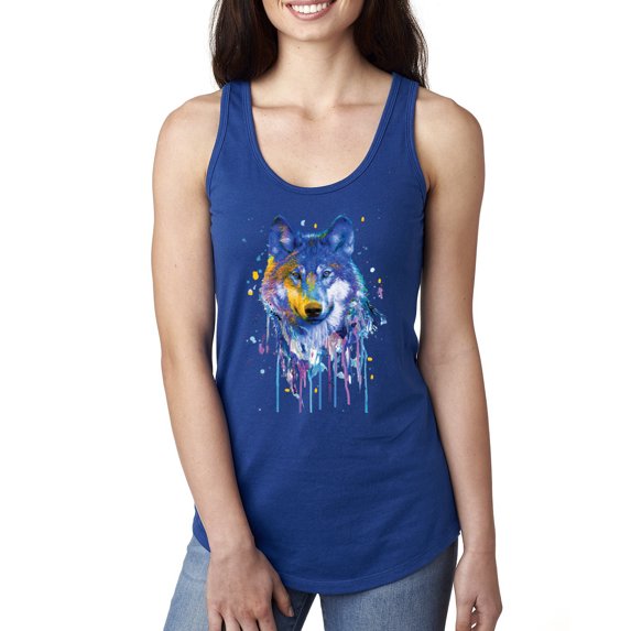 Wolf Painting Splatter Abstract Art Animal Lover Ladies Racerback Tank Top, Royal, Large