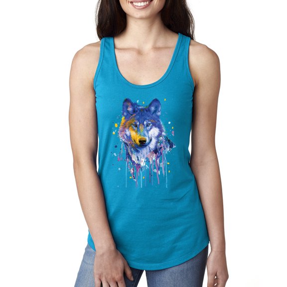 Wolf Painting Splatter Abstract Art Animal Lover Ladies Racerback Tank Top, Turquoise, X-Large