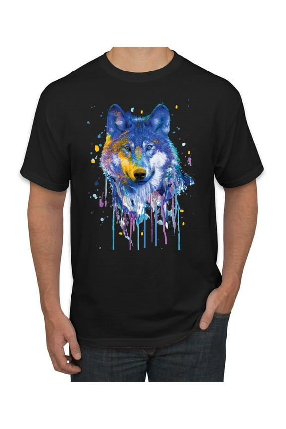 Wolf Painting Splatter Abstract Art Animal Lover Men's Graphic T-Shirt, Black, 2XL