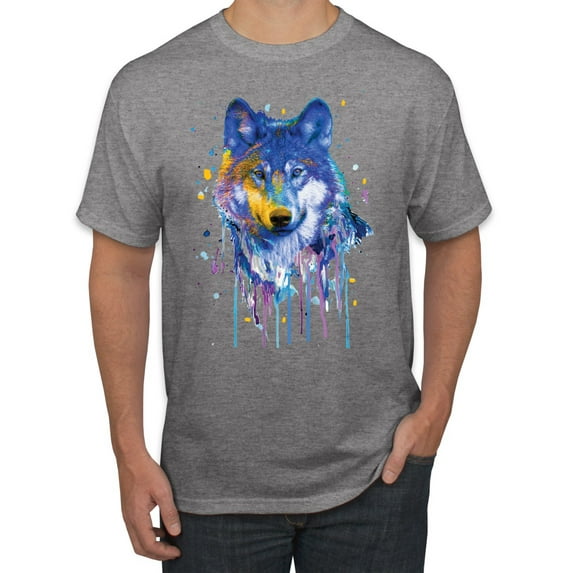 Wolf Painting Splatter Abstract Art Animal Lover Men's Graphic T-Shirt, Heather Grey, 5XL