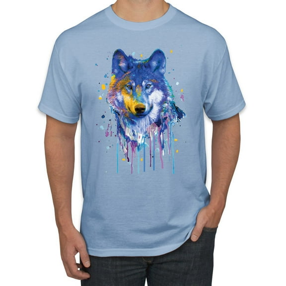 Wolf Painting Splatter Abstract Art Animal Lover Men's Graphic T-Shirt, Light Blue, X-Large