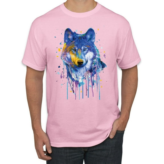Wolf Painting Splatter Abstract Art Animal Lover Men's Graphic T-Shirt, Light Pink, Large
