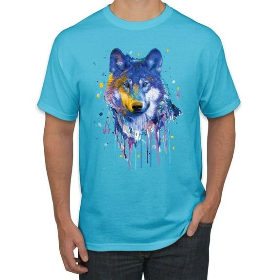 Wolf Painting Splatter Abstract Art Animal Lover Men's Graphic T-Shirt, Light Turquoise, X-Large