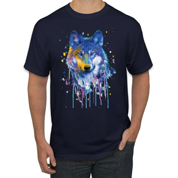 Wolf Painting Splatter Abstract Art Animal Lover Men's Graphic T-Shirt, Navy, 2XL