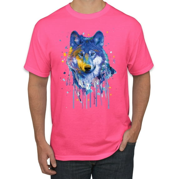 Wolf Painting Splatter Abstract Art Animal Lover Men's Graphic T-Shirt, Neon Pink, 2XL