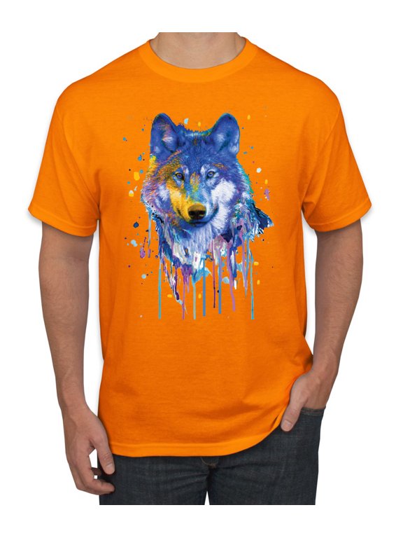 Wolf Painting Splatter Abstract Art Animal Lover Men's Graphic T-Shirt, Orange, Small