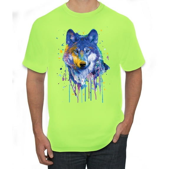 Wolf Painting Splatter Abstract Art Animal Lover Men's Graphic T-Shirt, Safety Green, X-Large