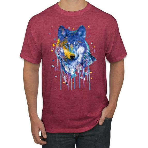 Wolf Painting Splatter Abstract Art Animal Lover Men's Graphic T-Shirt, Vintage Heather Red, X-Large