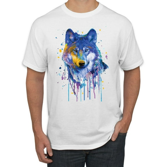 Wolf Painting Splatter Abstract Art Animal Lover Men's Graphic T-Shirt, White, 3XL