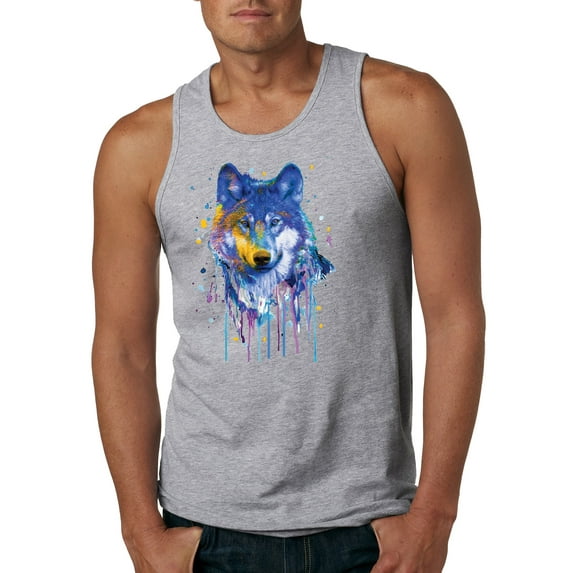Wolf Painting Splatter Abstract Art Animal Lover Mens Graphic Tank Top, Heather Grey, Small