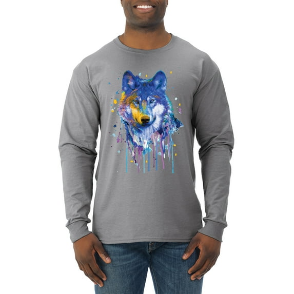 Wolf Painting Splatter Abstract Art Animal Lover Mens Long Sleeve Shirt, Heather Grey, Medium