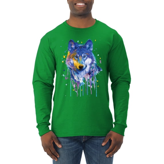 Wolf Painting Splatter Abstract Art Animal Lover Mens Long Sleeve Shirt, Kelly, Large